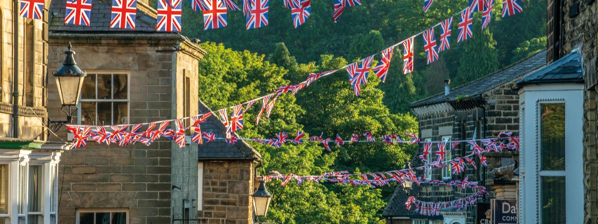 Union Jack flags strung across the road